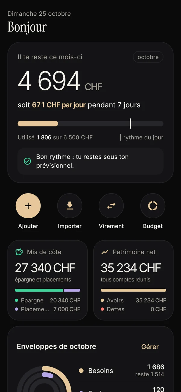 L’accueil d’Horizon Million : il te reste 4 694 CHF ce mois-ci, soit 671 CHF par jour, avec ce que tu as mis de côté et ton patrimoine net.